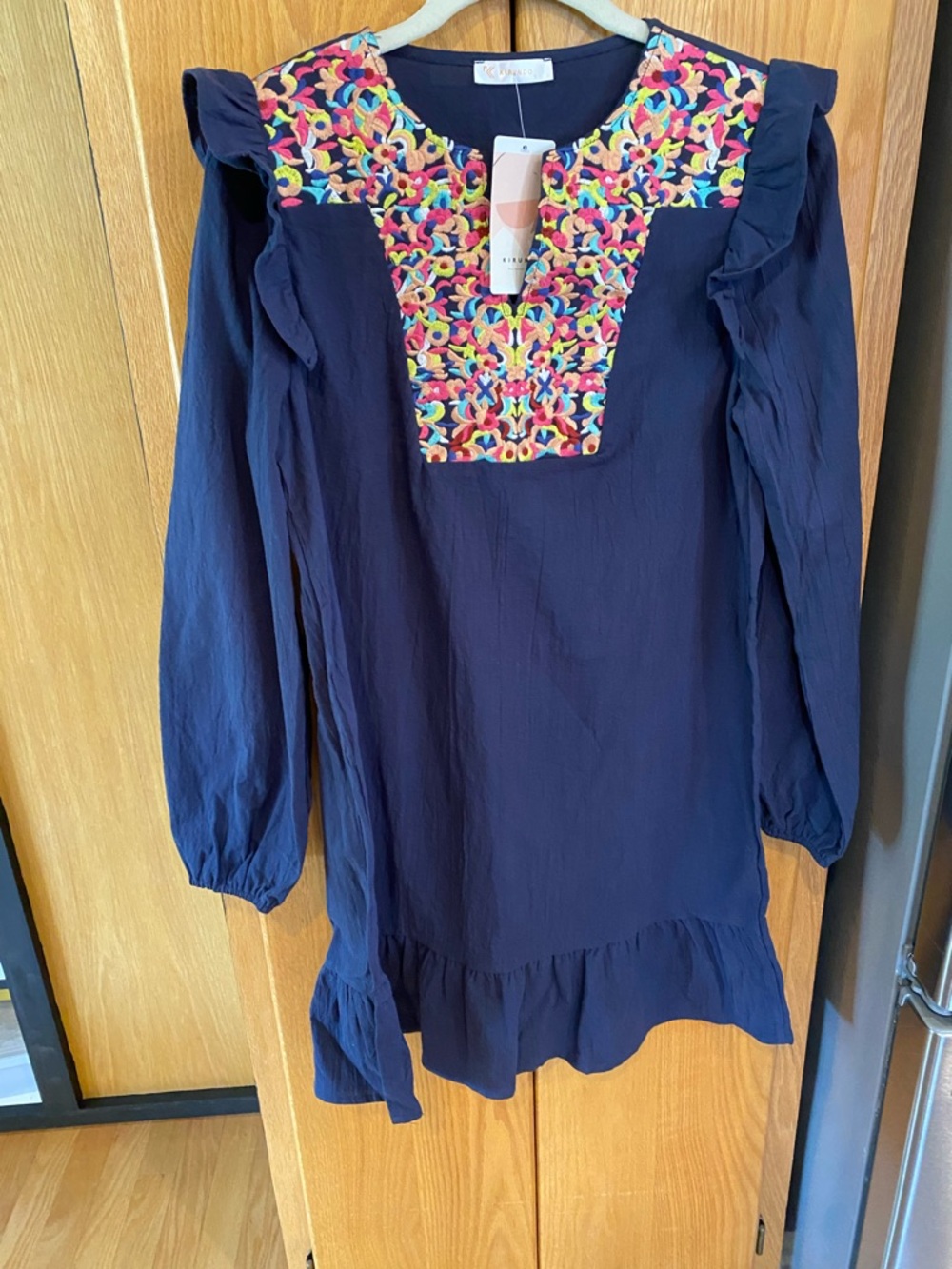 Navy Dress with Multicolor Embroidered Yoke -